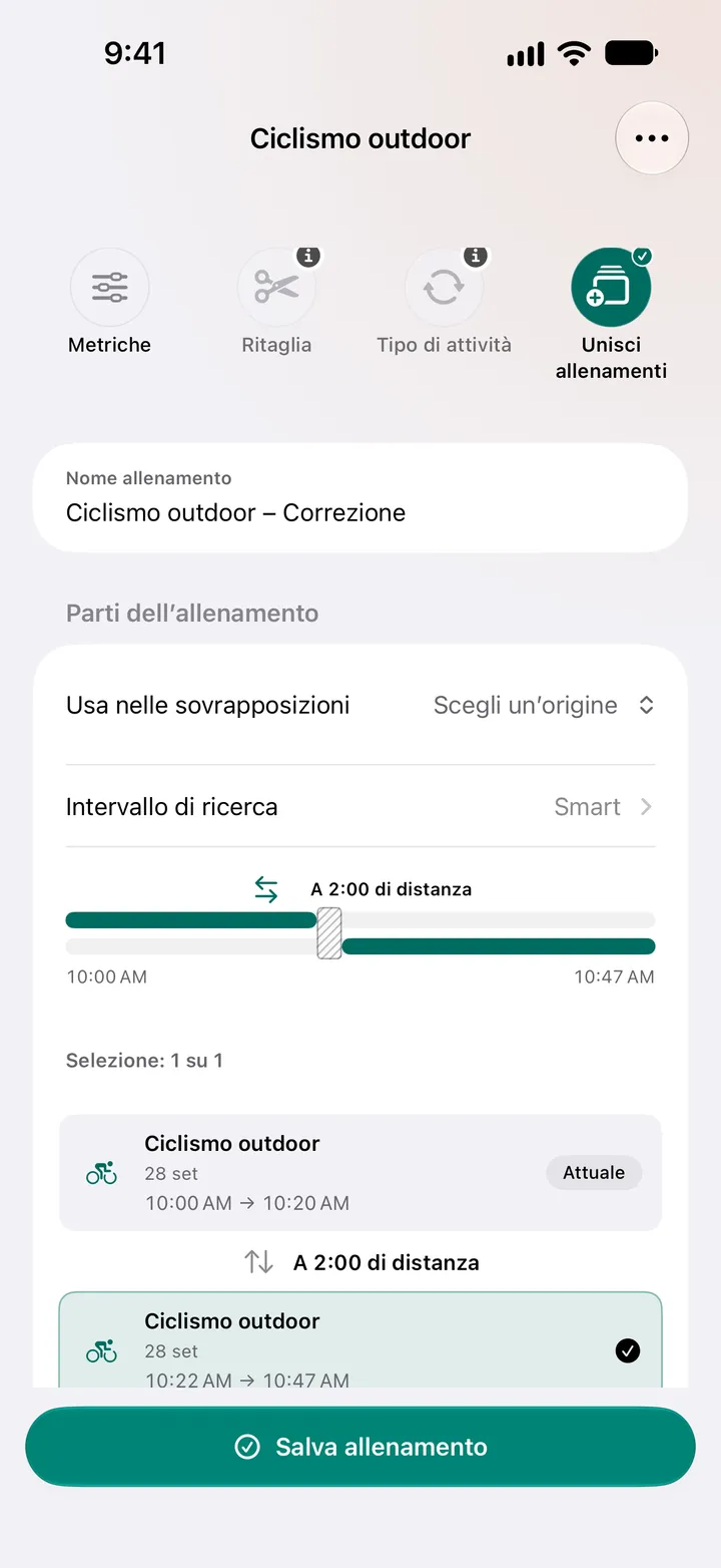 Due pedalate all’aperto a due minuti di distanza, dalle 10:00 alle 10:20 e dalle 10:22 alle 10:47, selezionate per l’unione, con la scelta dell’origine dove si sovrappongono.