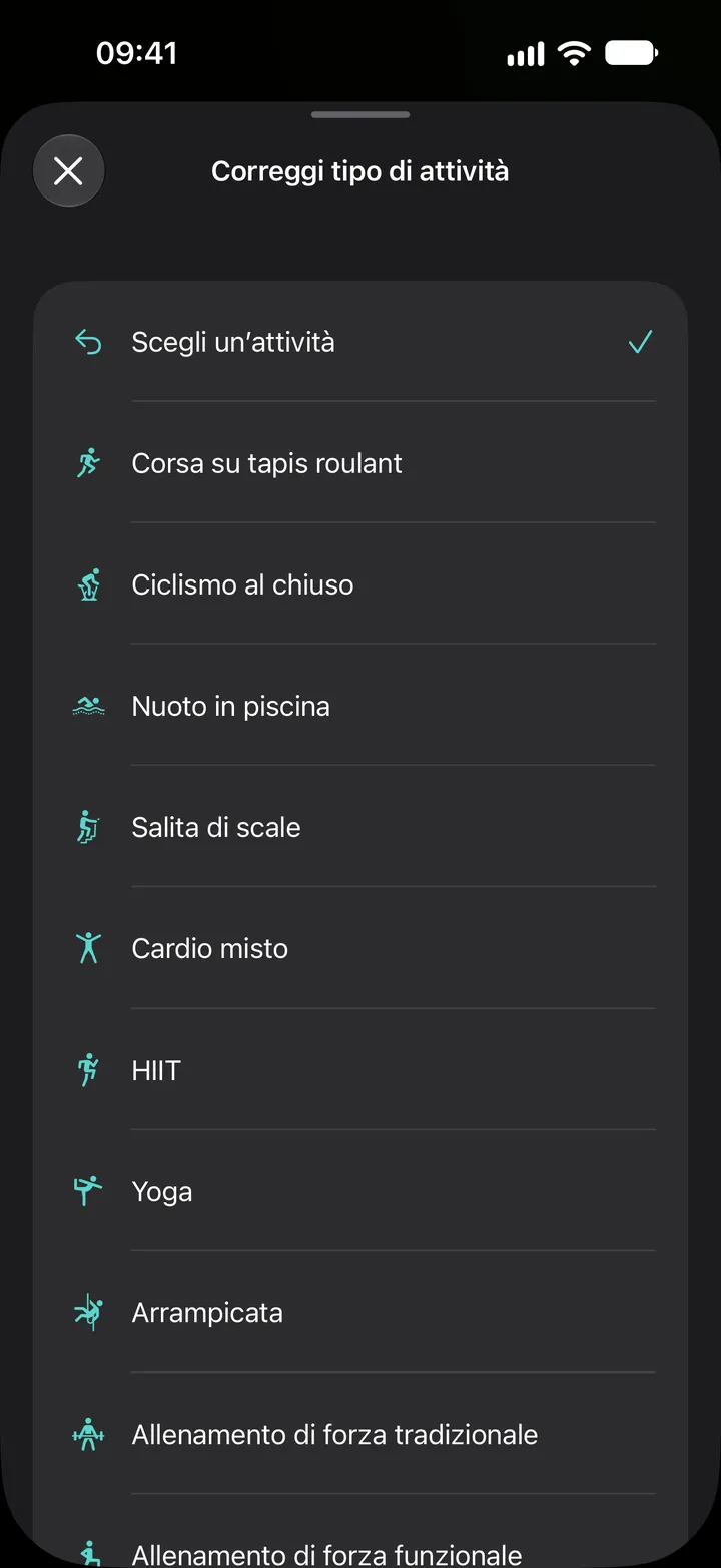 Elenco Correggi tipo di attività in Fix My Workout: corsa su tapis roulant, ciclismo al chiuso, nuoto in piscina, salita di scale, cardio misto, HIIT, yoga, arrampicata e allenamento di forza.