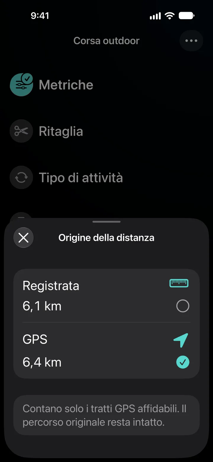 Origine della distanza di una corsa all’aperto: registrata 6,1 km o GPS 6,4 km, con GPS selezionato. Contano solo i tratti GPS affidabili.