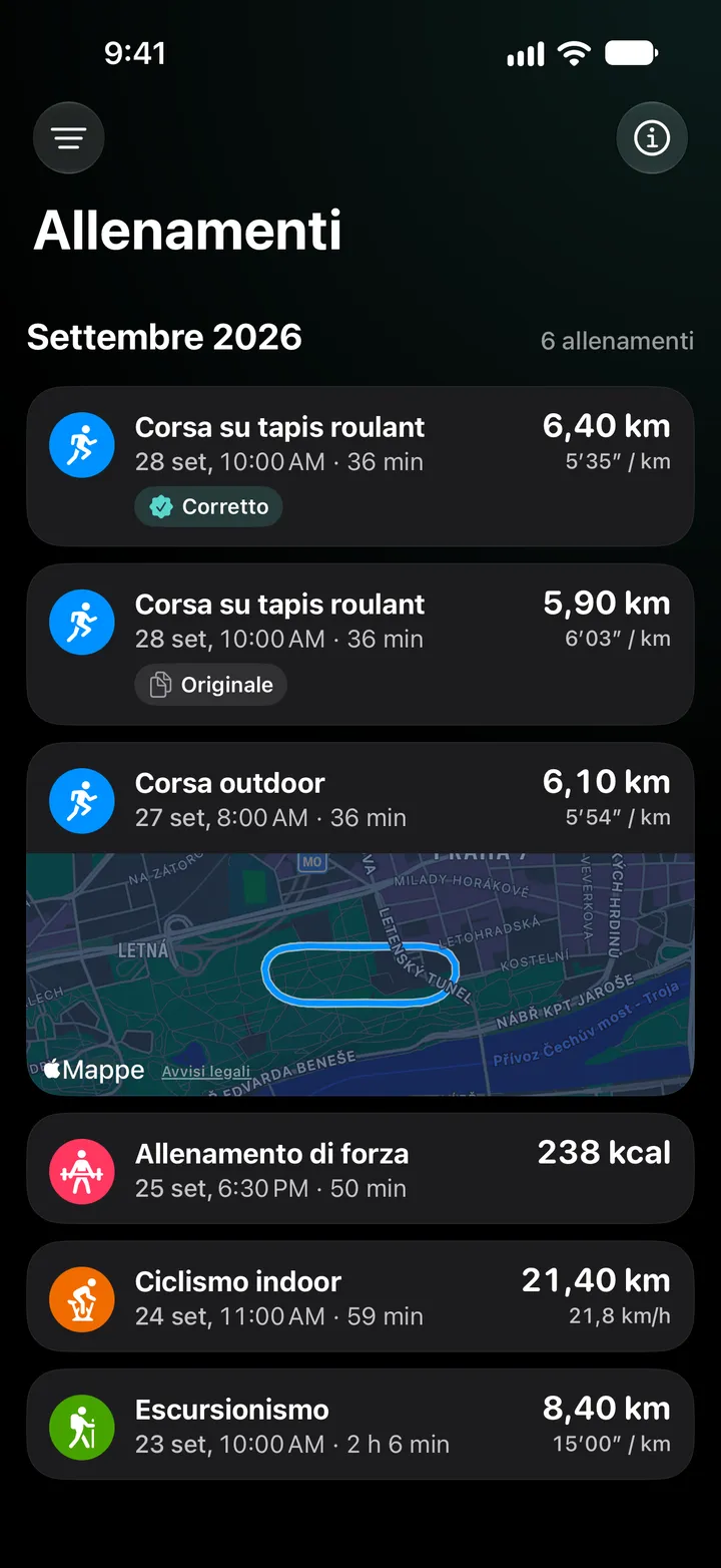 Elenco allenamenti di settembre 2026: la corsa su tapis roulant corretta con 6,40 km sopra l’originale con 5,90 km, poi una corsa all’aperto con percorso, allenamento di forza, ciclismo al chiuso e un’escursione.