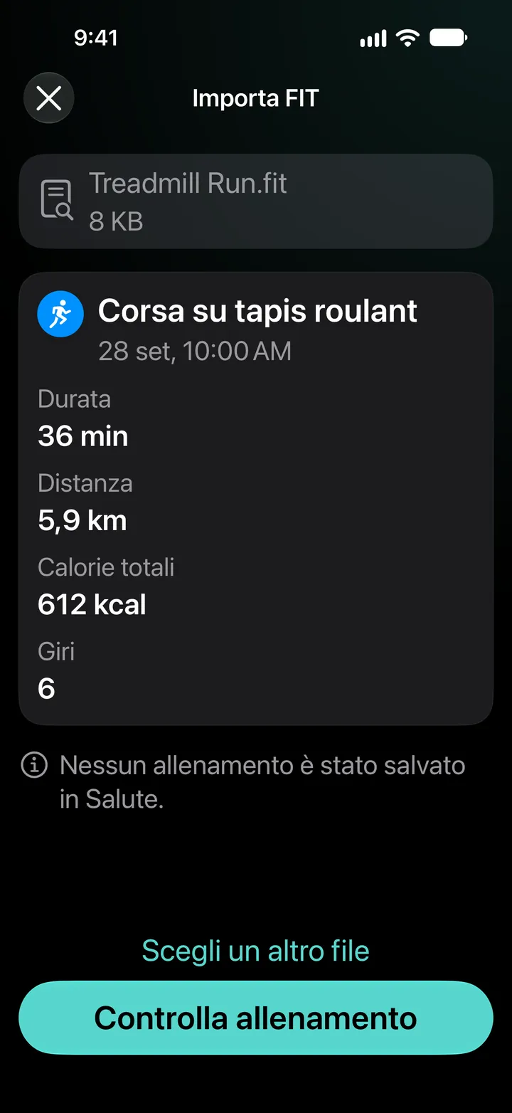 Anteprima di Importa FIT per Treadmill Run.fit: 36 minuti, 5,9 km, 612 kcal, 6 giri. Nessun allenamento è stato salvato in Salute.