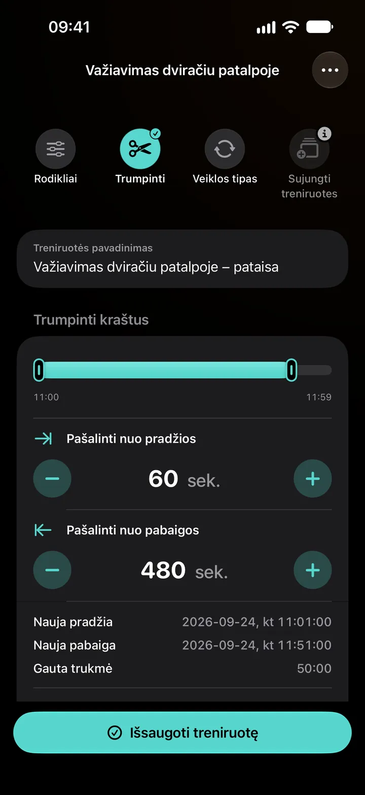 Važiavimo dviračiu patalpoje trumpinimo redaktorius: 60 sekundžių pašalinta nuo pradžios ir 480 sekundžių nuo pabaigos, trukmė 50:00.