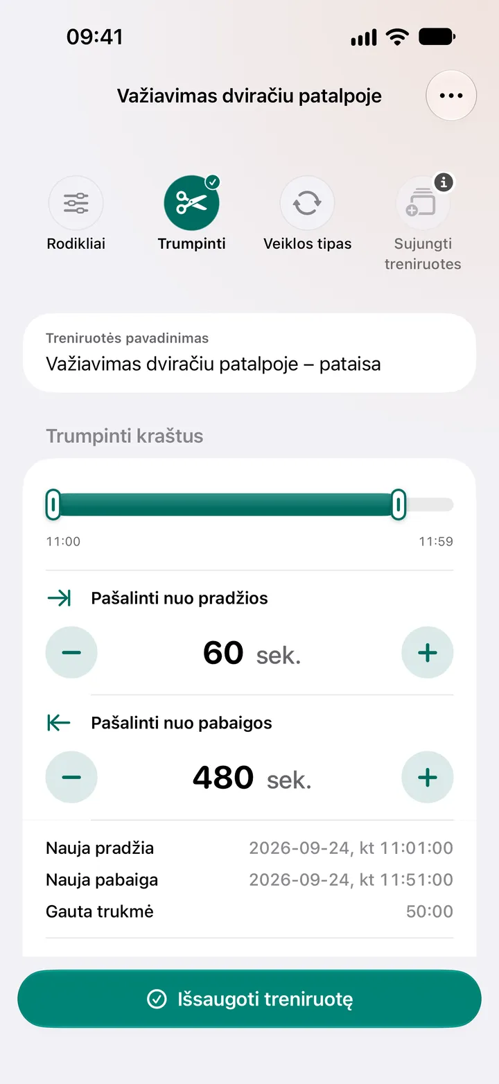 Važiavimo dviračiu patalpoje trumpinimo redaktorius: 60 sekundžių pašalinta nuo pradžios ir 480 sekundžių nuo pabaigos, trukmė 50:00.
