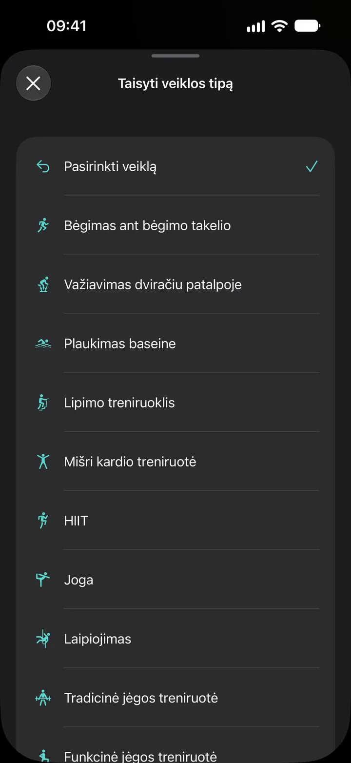 Sąrašas „Taisyti veiklos tipą“ programoje Fix My Workout: bėgimas ant bėgimo takelio, važiavimas dviračiu patalpoje, plaukimas baseine, lipimo treniruoklis, mišri kardio treniruotė, HIIT, joga, laipiojimas ir jėgos treniruotė.