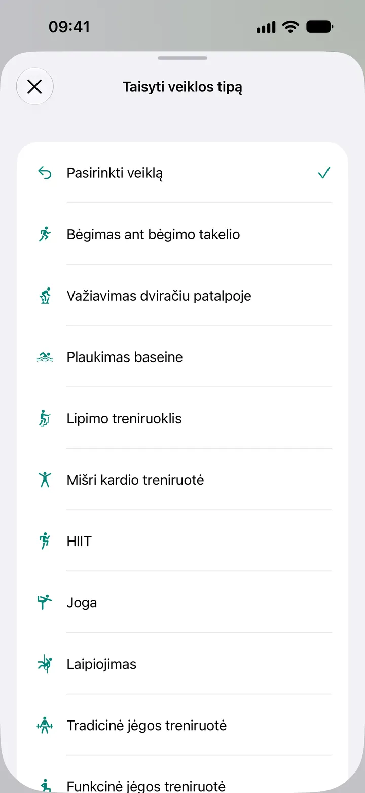 Sąrašas „Taisyti veiklos tipą“ programoje Fix My Workout: bėgimas ant bėgimo takelio, važiavimas dviračiu patalpoje, plaukimas baseine, lipimo treniruoklis, mišri kardio treniruotė, HIIT, joga, laipiojimas ir jėgos treniruotė.