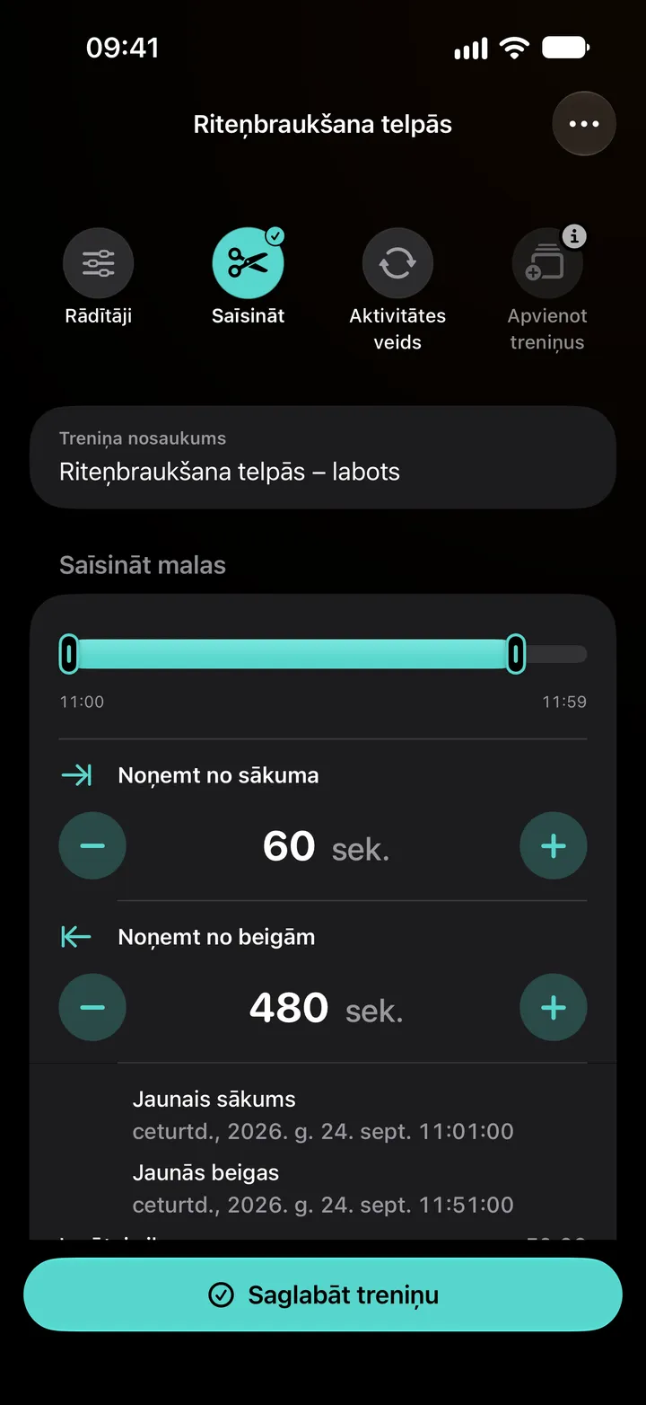 Riteņbraukšanas telpās saīsināšanas redaktors: no sākuma noņemtas 60 sekundes un no beigām 480 sekundes, ilgums 50:00.