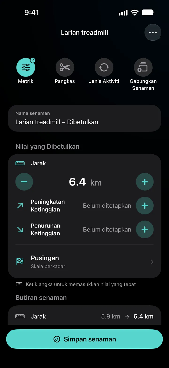 Editor “Larian Treadmill – Dibetulkan” dengan jarak ditetapkan kepada 6.4 km, pusingan diagihkan dengan “Agih Sama Rata”, dan butiran latihan menunjukkan 5.9 km ditukar kepada 6.4 km.
