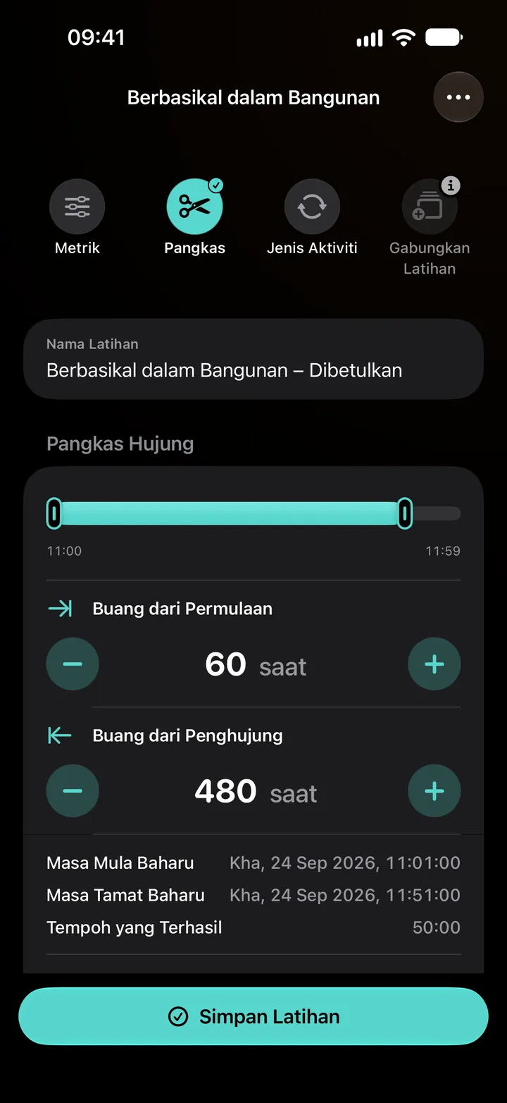 Editor “Pangkas” bagi latihan berbasikal dalam bangunan: 60 saat dibuang dari permulaan dan 480 saat dari penghujung, untuk tempoh 50:00.