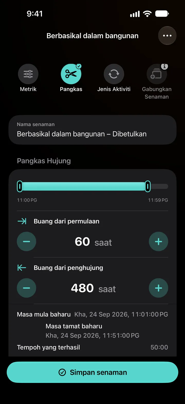 Pangkas hujung kayuhan dalam bangunan: 60 saat dibuang dari permulaan dan 480 dari penghujung, mula baharu 11:01, tamat baharu 11:51, tempoh yang terhasil 50:00.