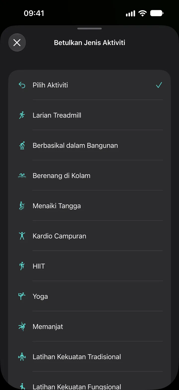 Senarai “Betulkan Jenis Aktiviti” dalam Fix My Workout: larian treadmill, berbasikal dalam bangunan, berenang di kolam, menaiki tangga, kardio campuran, HIIT, yoga, memanjat dan latihan kekuatan.