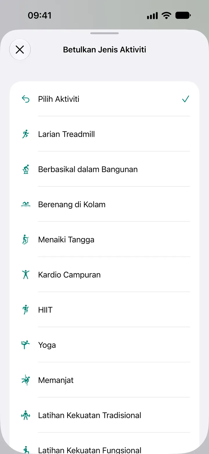 Senarai “Betulkan Jenis Aktiviti” dalam Fix My Workout: larian treadmill, berbasikal dalam bangunan, berenang di kolam, menaiki tangga, kardio campuran, HIIT, yoga, memanjat dan latihan kekuatan.