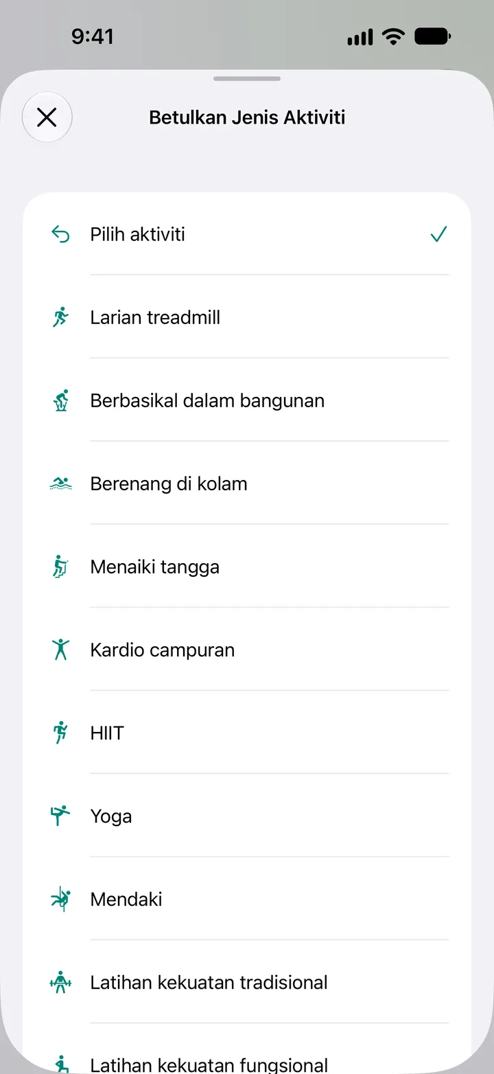 Senarai “Betulkan Jenis Aktiviti”: larian treadmill, berbasikal dalam bangunan, renang kolam, mendaki tangga, kardio campuran, HIIT, yoga, memanjat dan latihan kekuatan.