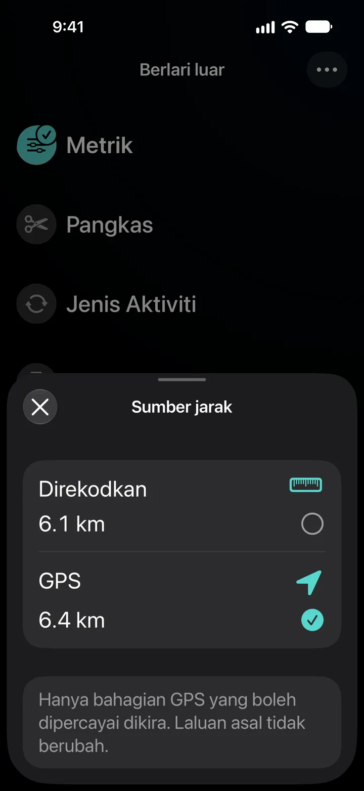 Sumber jarak larian luar: direkodkan 6.1 km atau GPS 6.4 km, dengan GPS dipilih. Hanya bahagian GPS yang boleh dipercayai dikira.