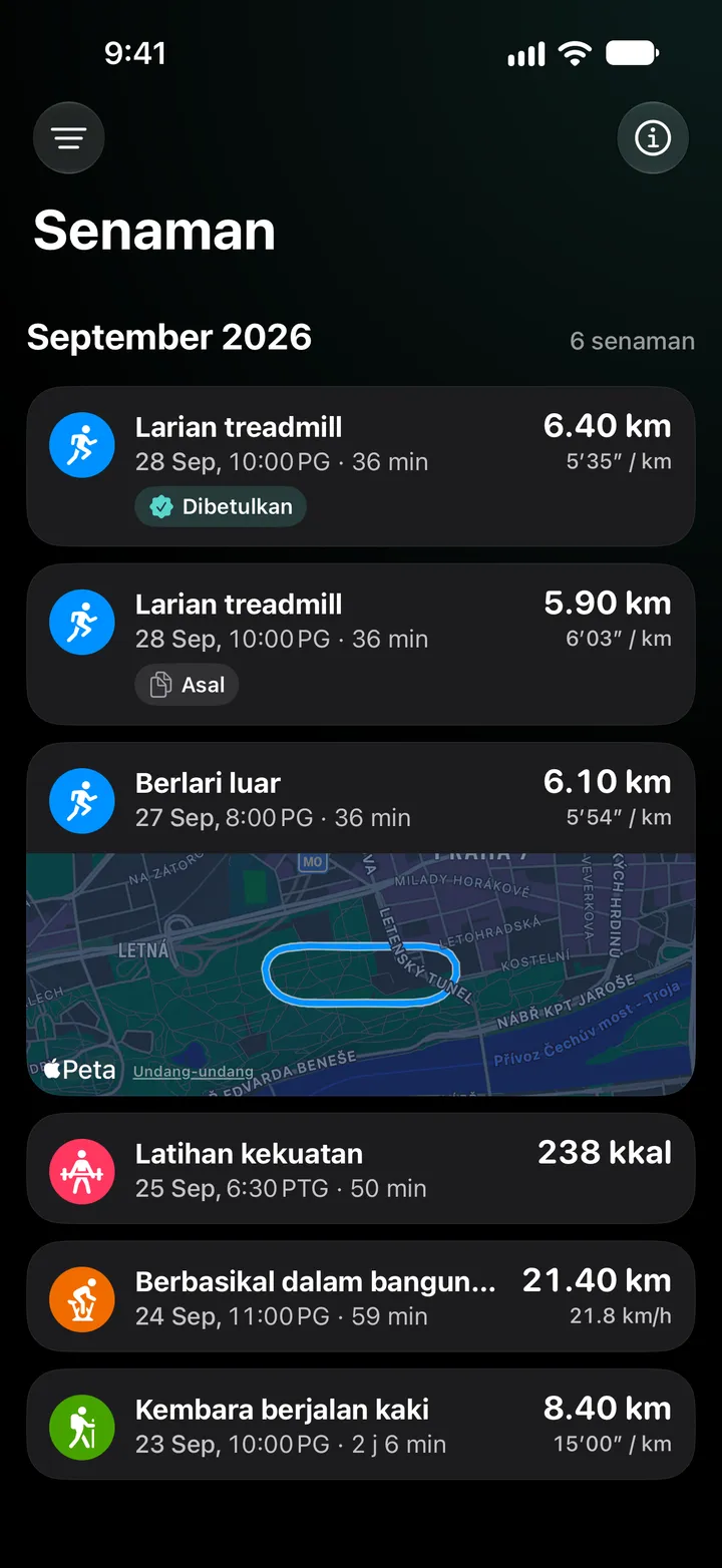 Senarai latihan September 2026: larian treadmill yang dibetulkan dengan 6.40 km di atas latihan asal dengan 5.90 km, diikuti larian luar dengan laluan, latihan kekuatan, berbasikal dalam bangunan dan mendaki.