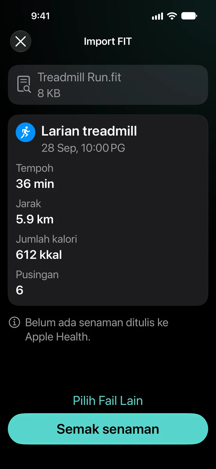 Pratonton Import FIT bagi Treadmill Run.fit: 36 minit, 5.9 km, 612 kcal, 6 pusingan. Belum ada latihan ditulis ke Kesihatan.