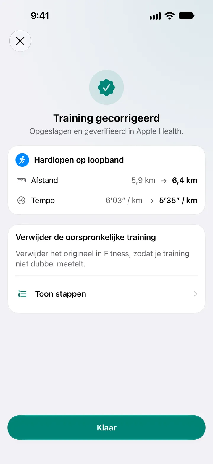 Training gecorrigeerd, bewaard en geverifieerd in Gezondheid. Afstand van het hardlopen op de loopband gewijzigd van 5,9 km naar 6,4 km, tempo van 6′03″ naar 5′35″ per kilometer.