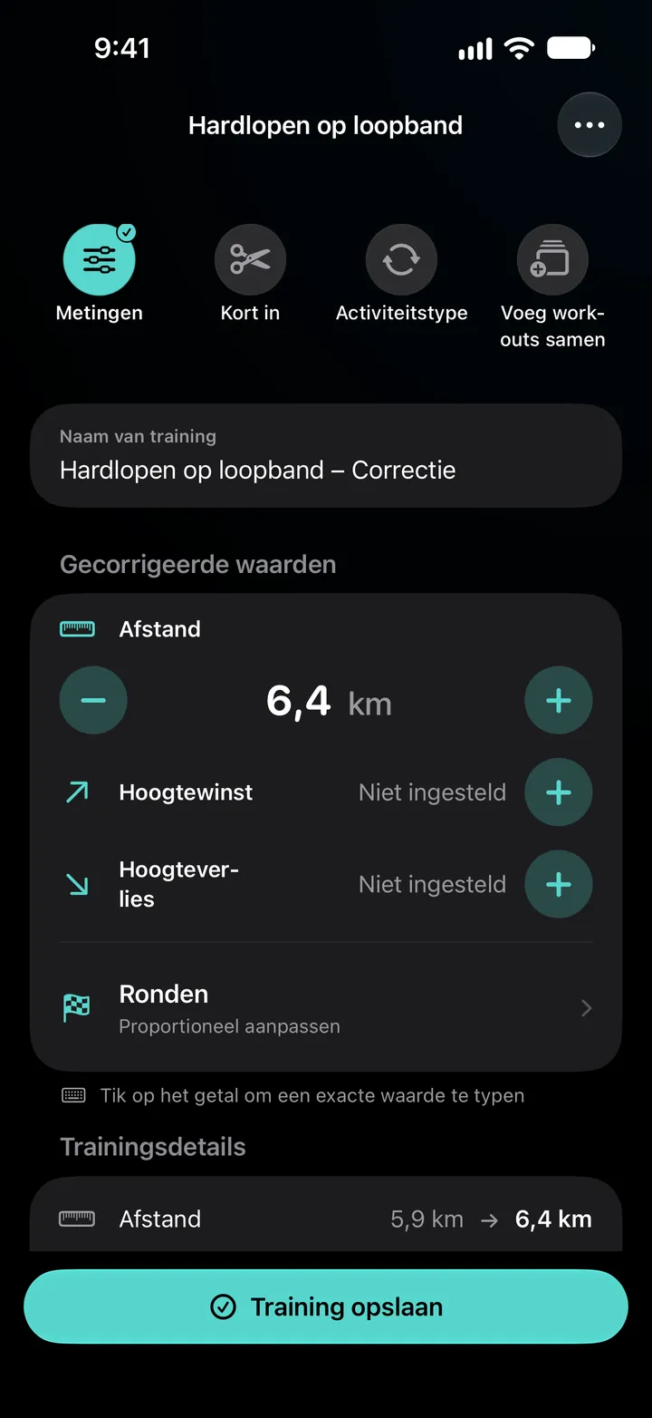 Editor van Hardlopen op loopband – Correctie met de afstand op 6,4 km, ronden gelijkmatig verdeeld en de trainingsdetails met 5,9 km gewijzigd naar 6,4 km.