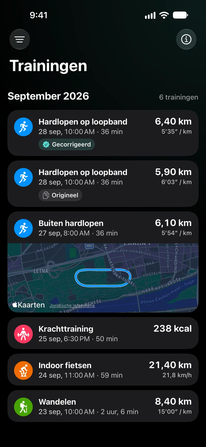 Trainingslijst van september 2026: de gecorrigeerde loopbandrun met 6,40 km boven het origineel met 5,90 km, daarna een hardloopronde buiten met route, krachttraining, indoor fietsen en een wandeltocht.