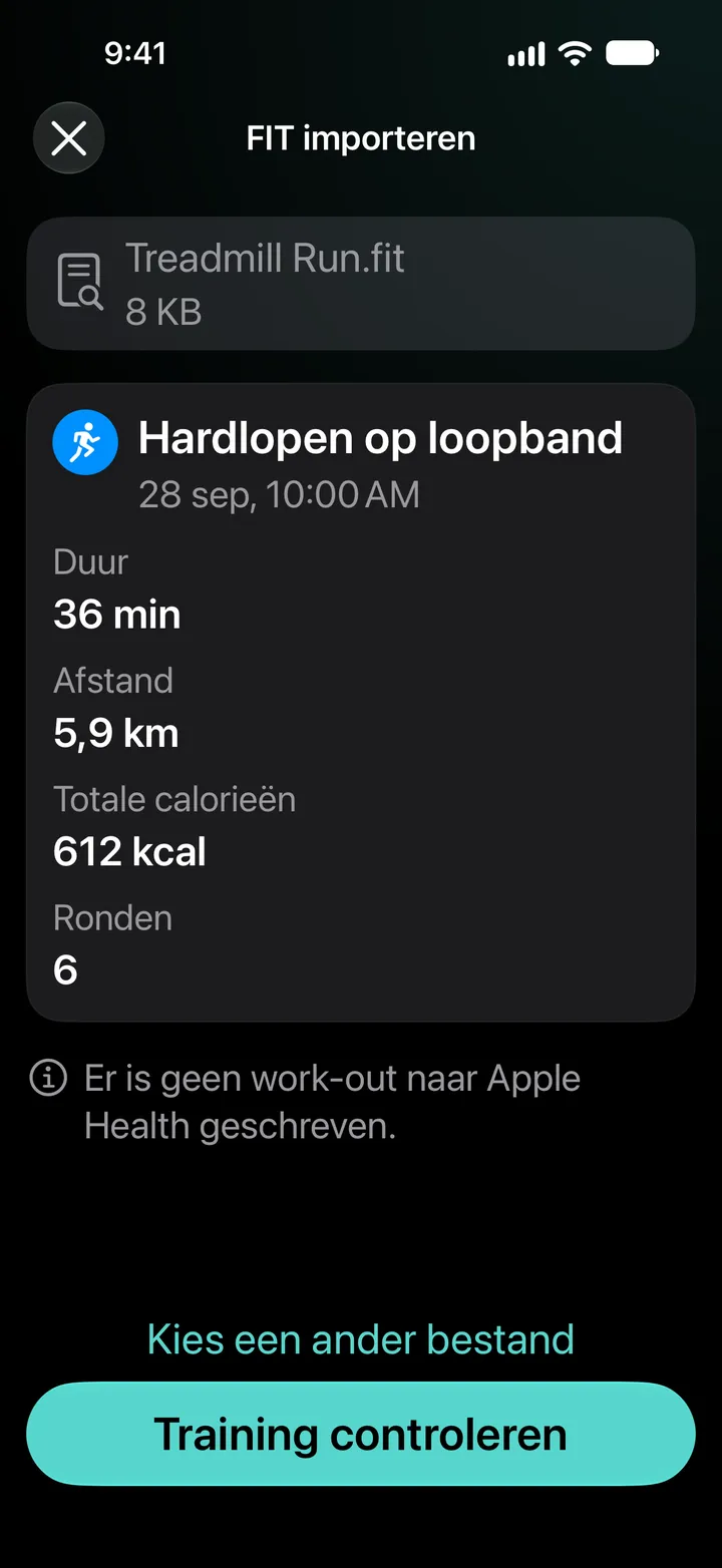 Voorvertoning van FIT importeren voor Treadmill Run.fit: 36 minuten, 5,9 km, 612 kcal, 6 ronden. Er is geen training naar Gezondheid geschreven.