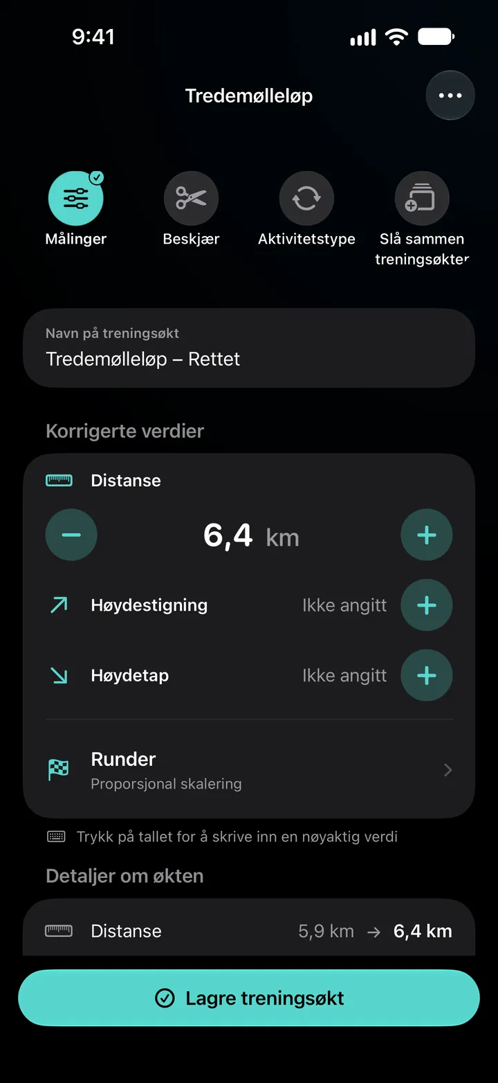 Redigeringsvisningen for Tredemølleløp – Rettet med distansen satt til 6,4 km, runder fordelt jevnt og treningsdetaljene som viser 5,9 km endret til 6,4 km.
