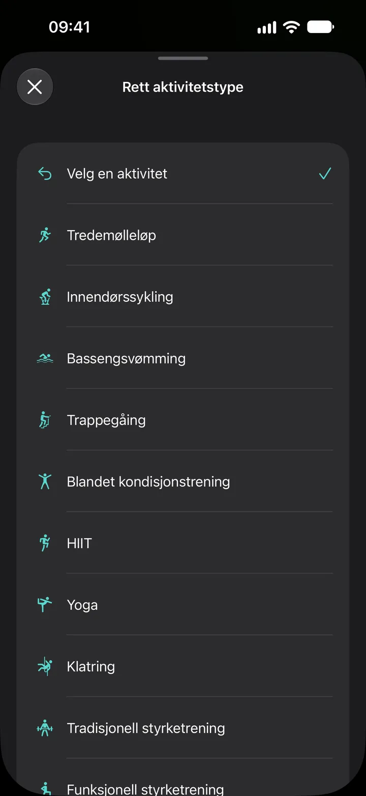 Listen Rett aktivitetstype i Fix My Workout: tredemølleløp, innendørssykling, bassengsvømming, trappegåing, blandet kondisjonstrening, HIIT, yoga, klatring og styrketrening.
