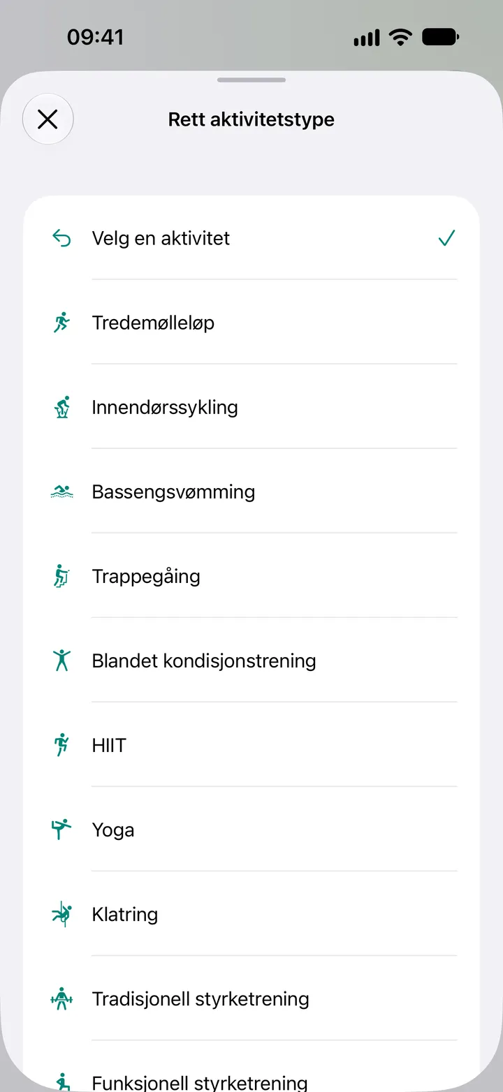 Listen Rett aktivitetstype i Fix My Workout: tredemølleløp, innendørssykling, bassengsvømming, trappegåing, blandet kondisjonstrening, HIIT, yoga, klatring og styrketrening.