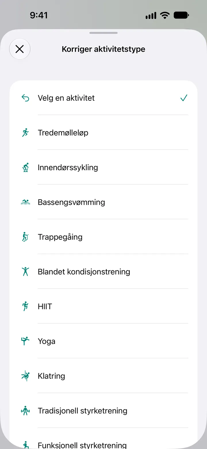 Listen Rett aktivitetstype: tredemølleløp, innendørssykling, bassengsvømming, trappegåing, blandet kondisjonstrening, HIIT, yoga, klatring og styrketrening.
