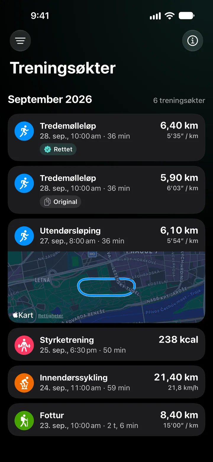 Liste over treningsøkter for september 2026: det rettede tredemølleløpet med 6,40 km over originalen med 5,90 km, deretter en utendørs løpetur med ruten sin, styrketrening, innendørssykling og en fottur.