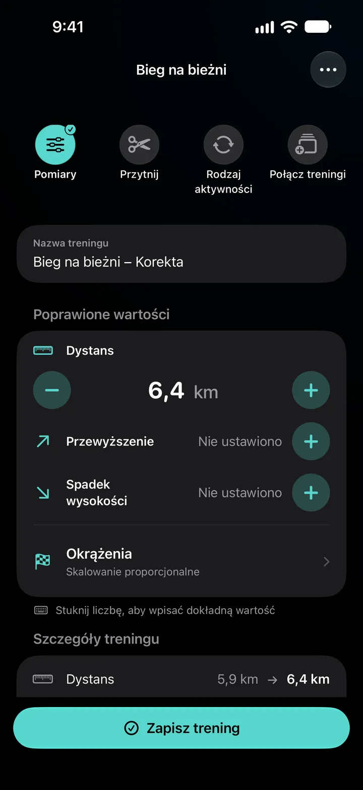 Edytor treningu Bieg na bieżni – Korekta z dystansem ustawionym na 6,4 km, okrążeniami rozłożonymi równomiernie i szczegółami treningu ze zmianą z 5,9 km na 6,4 km.