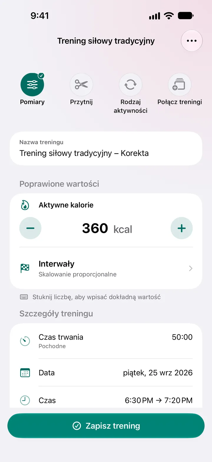 Tradycyjny trening siłowy – Korekta z aktywnymi kaloriami ustawionymi na 360 kcal i czasem trwania 50:00.