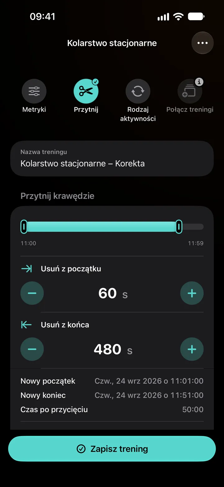 Edytor przycinania jazdy na rowerze stacjonarnym: 60 sekund usuniętych z początku i 480 sekund z końca, czas trwania 50:00.