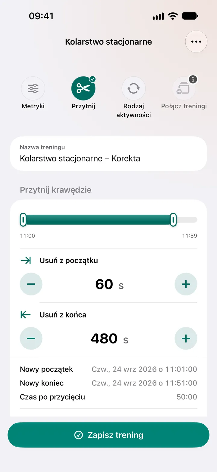 Edytor przycinania jazdy na rowerze stacjonarnym: 60 sekund usuniętych z początku i 480 sekund z końca, czas trwania 50:00.