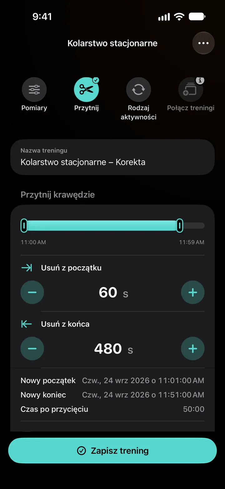 Przycinanie krawędzi jazdy na rowerze stacjonarnym: 60 sekund usuniętych z początku i 480 z końca, nowy początek 11:01, nowy koniec 11:51, czas po przycięciu 50:00.