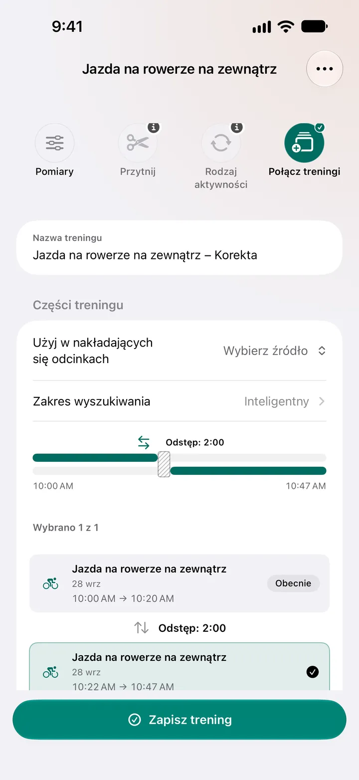 Dwie jazdy na rowerze na zewnątrz w odstępie dwóch minut, od 10:00 do 10:20 i od 10:22 do 10:47, wybrane do połączenia, z wyborem źródła tam, gdzie się nakładają.