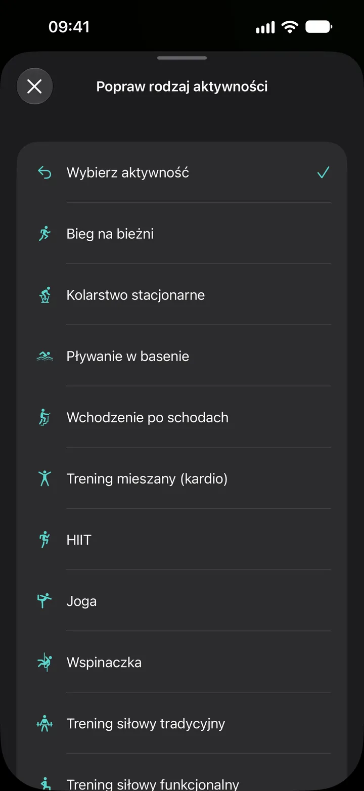 Lista „Popraw rodzaj aktywności” w Fix My Workout: bieg na bieżni, kolarstwo stacjonarne, pływanie w basenie, wchodzenie po schodach, trening mieszany (kardio), HIIT, joga, wspinaczka i trening siłowy.