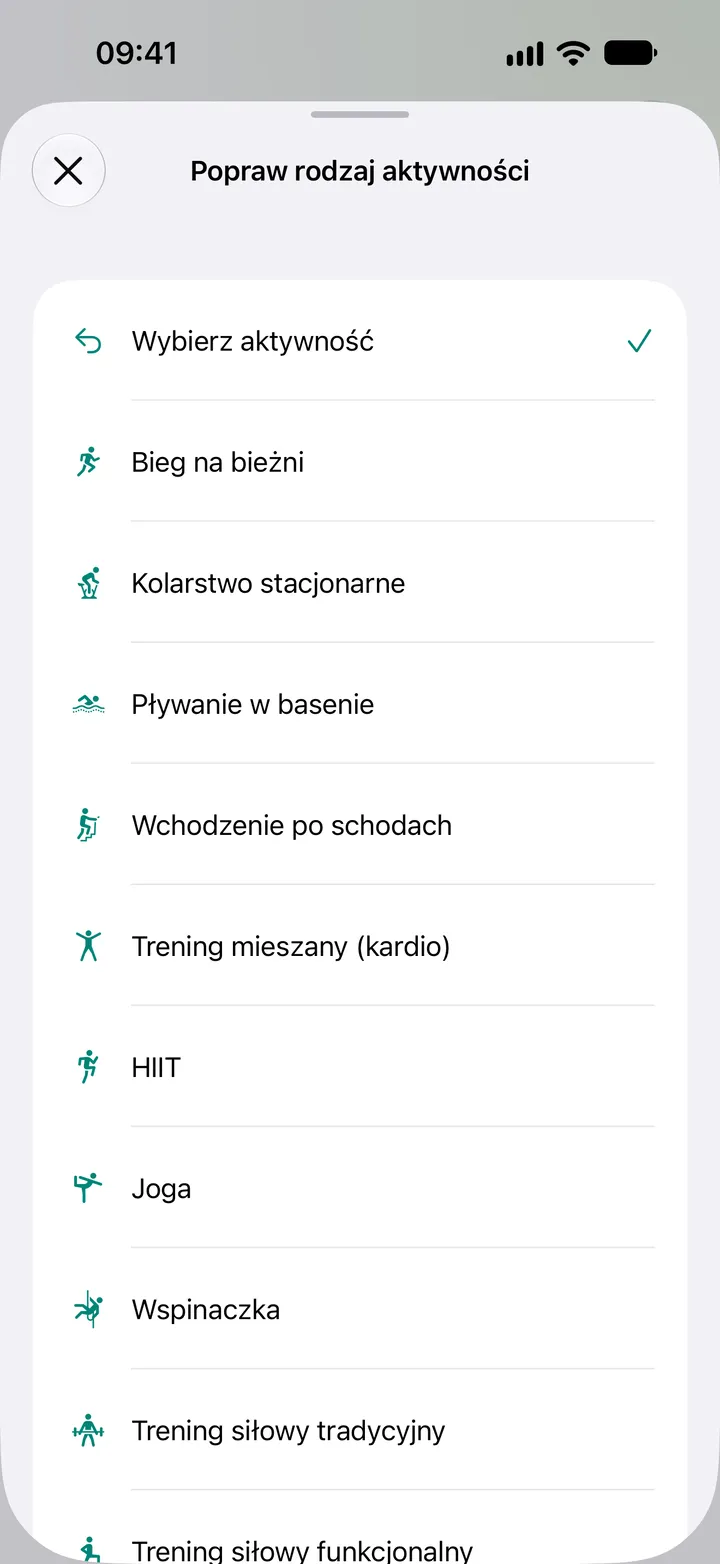 Lista „Popraw rodzaj aktywności” w Fix My Workout: bieg na bieżni, kolarstwo stacjonarne, pływanie w basenie, wchodzenie po schodach, trening mieszany (kardio), HIIT, joga, wspinaczka i trening siłowy.