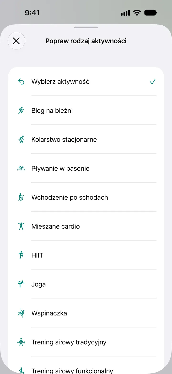 Lista Popraw rodzaj aktywności: bieg na bieżni, kolarstwo stacjonarne, pływanie w basenie, wchodzenie po schodach, mieszany trening cardio, HIIT, joga, wspinaczka i trening siłowy.