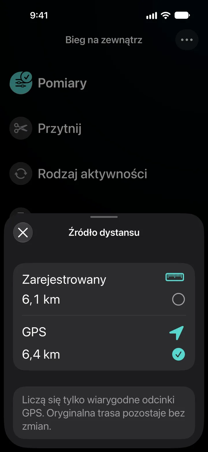 Źródło dystansu biegu na zewnątrz: zarejestrowany 6,1 km lub GPS 6,4 km, z wybranym GPS. Liczą się tylko wiarygodne odcinki GPS.