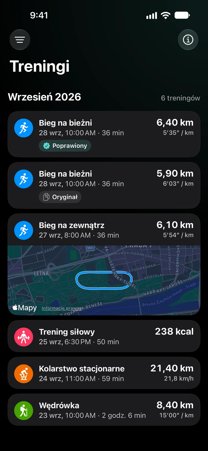 Lista treningów z września 2026: poprawiony bieg na bieżni z 6,40 km nad oryginałem z 5,90 km, dalej bieg na zewnątrz z trasą, trening siłowy, kolarstwo stacjonarne i wędrówka.
