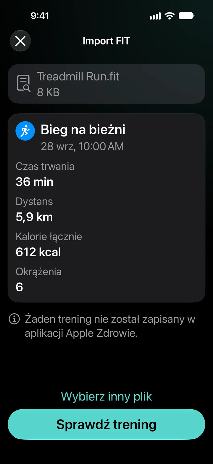 Podgląd importu pliku FIT Treadmill Run.fit: 36 minut, 5,9 km, 612 kcal, 6 okrążeń. Żaden trening nie został zapisany w aplikacji Zdrowie.