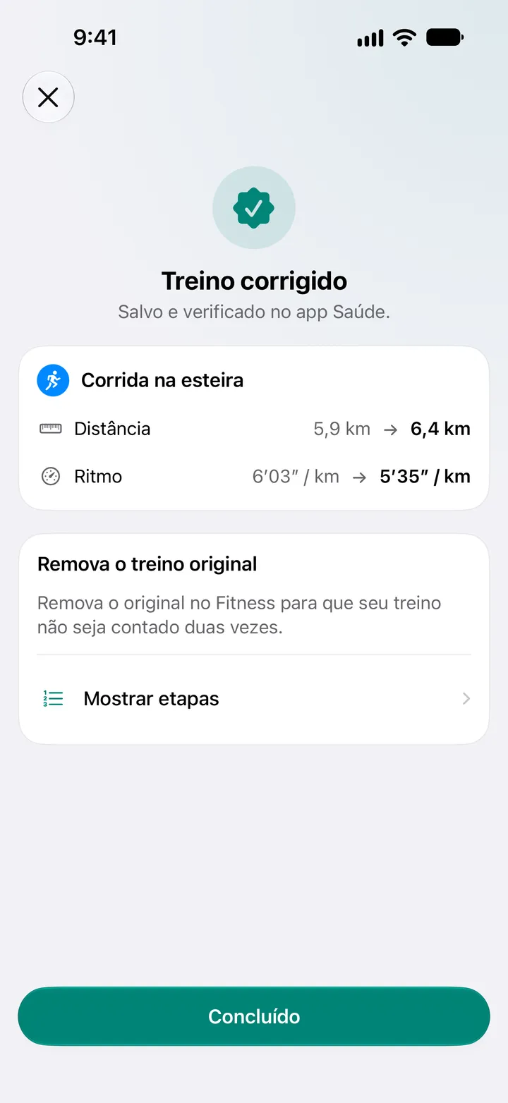 Tela Treino Corrigido com a distância e o ritmo alterados e as etapas para apagar o original no Fitness.