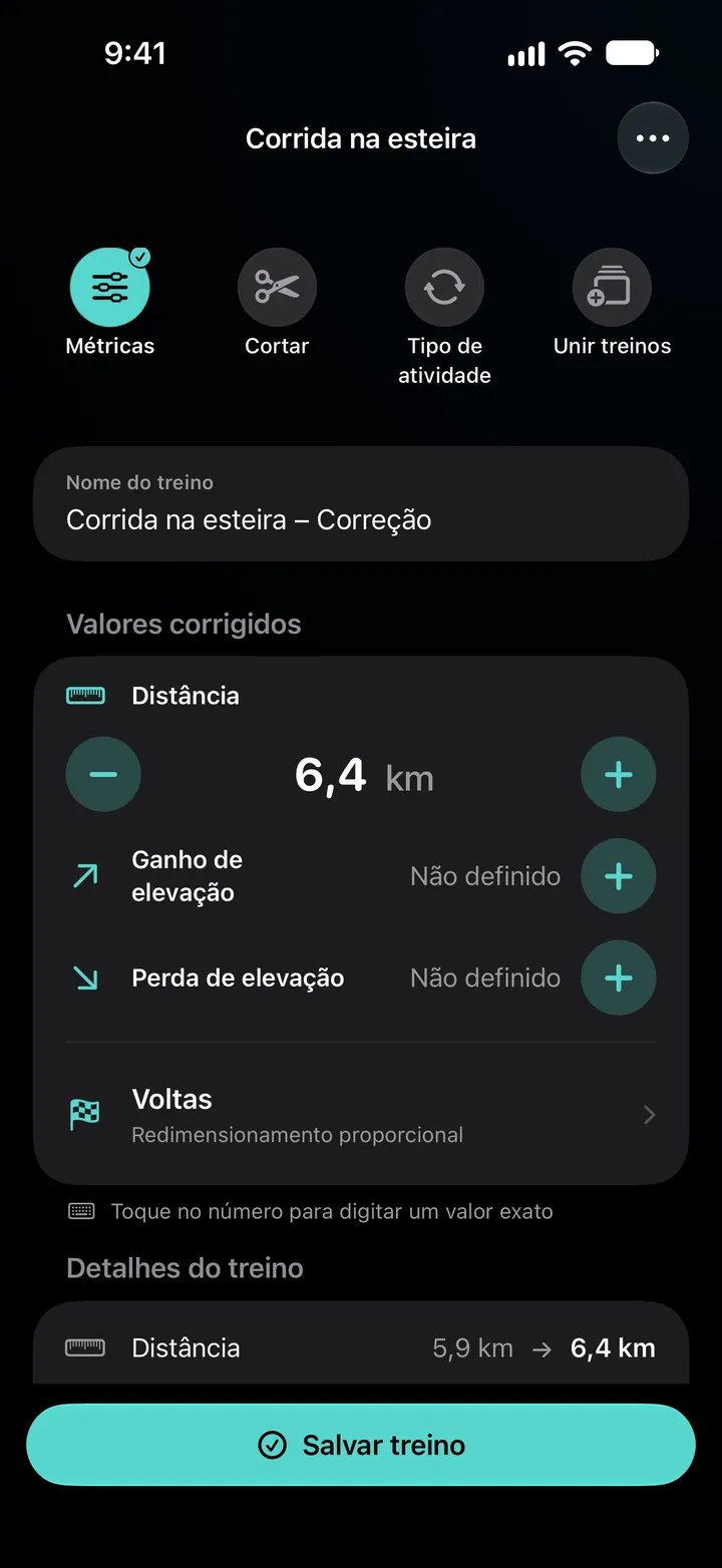 Editor de Corrida na Esteira – Correção com a distância definida em 6,4 km, voltas em Distribuir Uniformemente e os detalhes do treino mostrando 5,9 km alterado para 6,4 km.