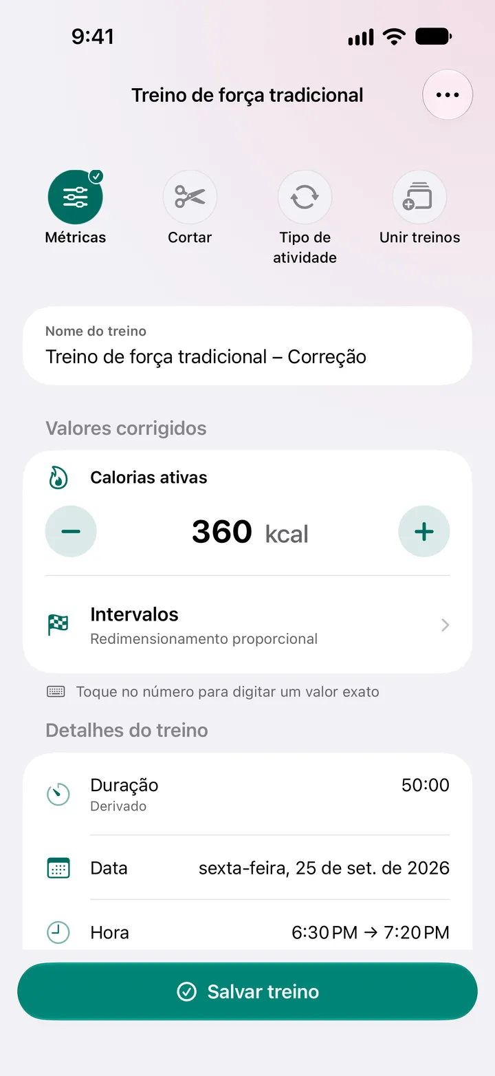 Treino Tradicional de Força – Correção com calorias ativas definidas em 360 kcal e duração de 50:00.