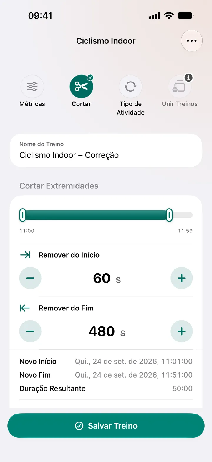 Editor Cortar Extremidades de um treino de ciclismo indoor: 60 segundos removidos do início e 480 segundos do fim, com duração de 50:00.