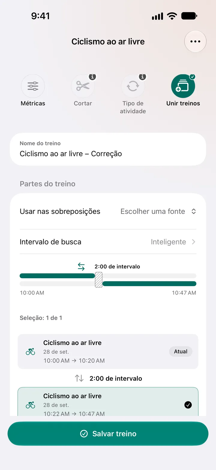 Duas pedaladas ao ar livre com dois minutos de diferença, das 10:00 às 10:20 e das 10:22 às 10:47, selecionadas para unir, com escolha da fonte onde se sobrepõem.