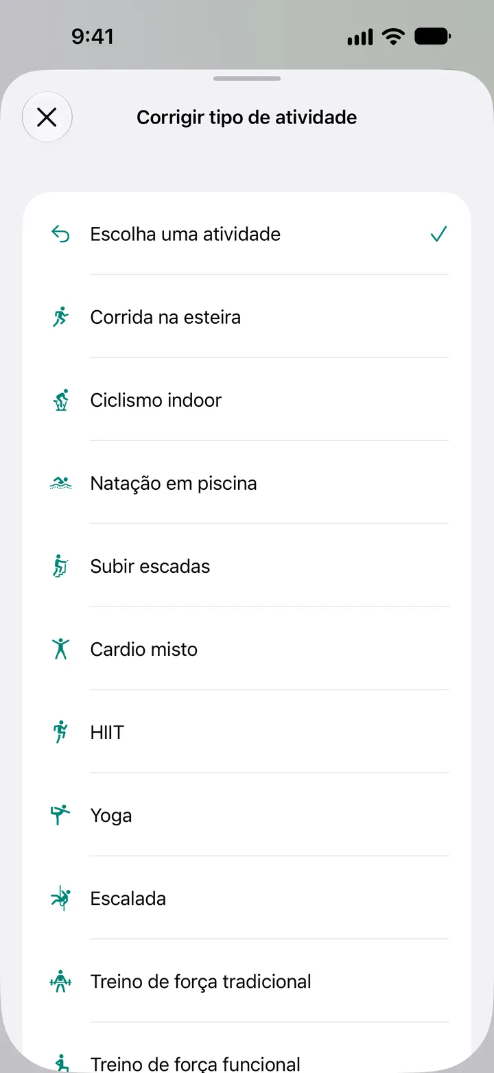 Lista Corrigir Tipo de Atividade: corrida na esteira, ciclismo indoor, natação em piscina, subir escadas, cardiovascular misto, HIIT, ioga, escalada e treino de força.