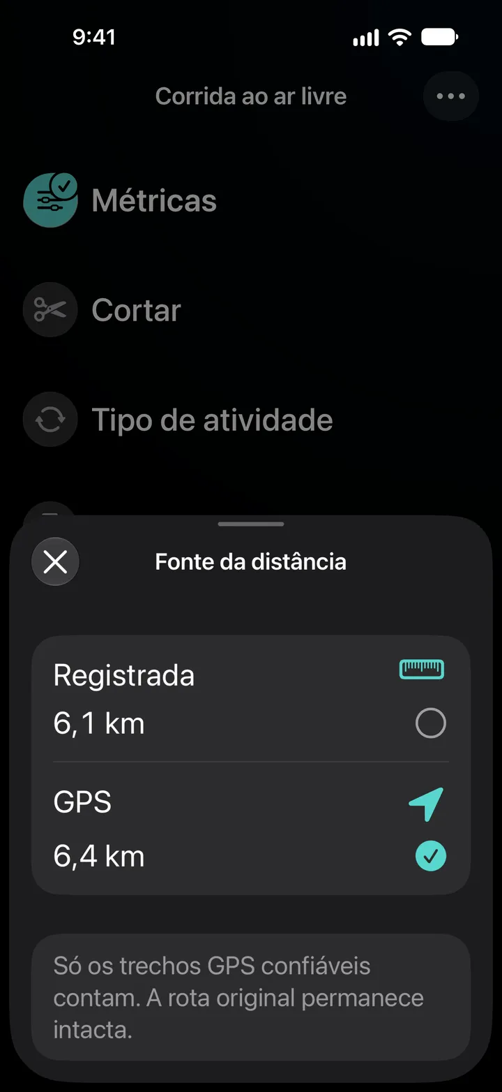 Fonte da distância de uma corrida ao ar livre: registrada 6,1 km ou GPS 6,4 km, com GPS selecionado. Só os trechos GPS confiáveis contam.