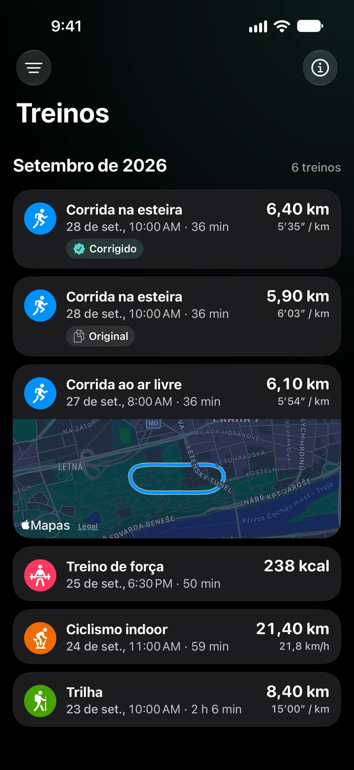 Lista de treinos de setembro de 2026: a corrida na esteira corrigida com 6,40 km acima da original com 5,90 km, depois uma corrida ao ar livre com rota, treino de força, ciclismo indoor e uma trilha.