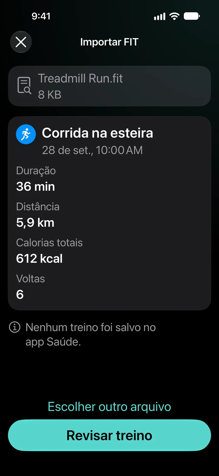 Prévia de importação FIT de Treadmill Run.fit: 36 minutos, 5,9 km, 612 kcal, 6 voltas. Nenhum treino foi salvo no app Saúde.