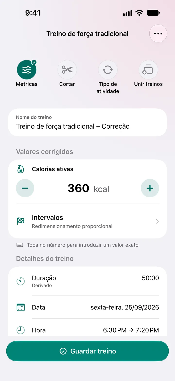 Treino de força tradicional – Correção com calorias ativas definidas para 360 kcal e duração de 50:00.